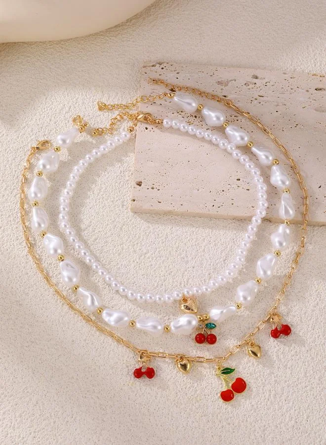 تايك تو طقم 3 قطع عقود خرز لؤلؤ مع دلايات كرز